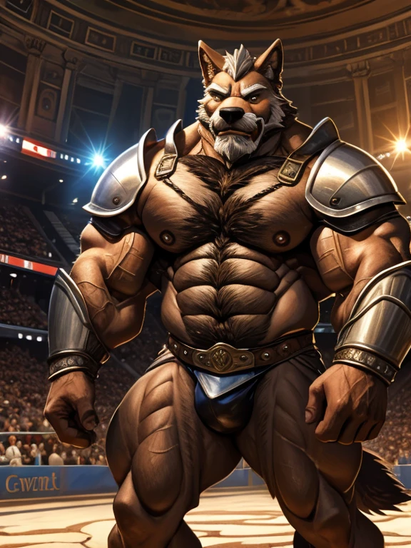 burly virile hairy man, with two wolf ears and a bushy tail, in a suit of armor, middle-aged, hirsute, overmuscular and musclebound, bulging veiny muscles, a warrior's build, a bodybuilder's physique, long bushy and a thick mustache, a square jaw, handsome and dreamy, grey hair, a gladiator in the arena