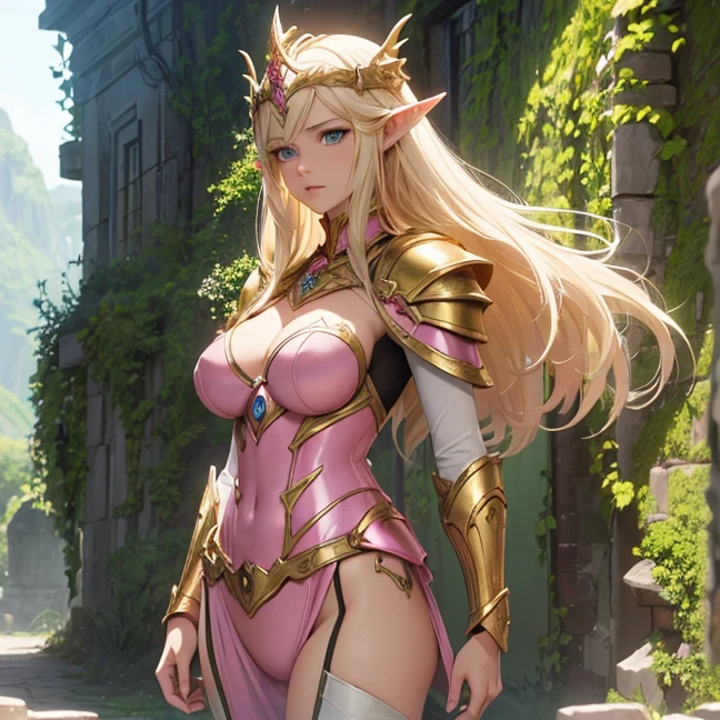 (Absurdres, master piece, best high quality image, very detailed features, very detailed textures, carefuly detailed with no deformed parts in all the artwork,), solo character alone, with complete fantasy armor, no-revealing body feature.
Elf woman milf: fair skin, golden blonde yellow long hair, light blue eyes, beautiful face, (wearing a pink full plate elvish pink knight pink armor, all the body full armed and suited in pink steel, full pink helmet with a white helm tail), (holding a golden broadsword), angry expression
Charging to battle and holding her sword in the forest