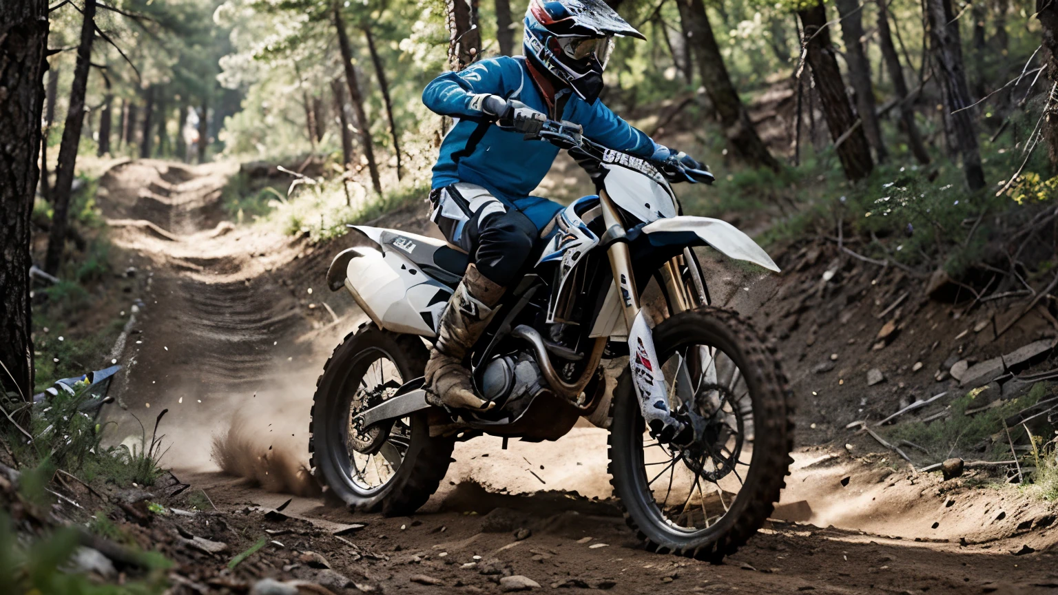 image of a trail bike off-road motocross motorcycle on a trail, with the trail and landscape aggregated with the bike