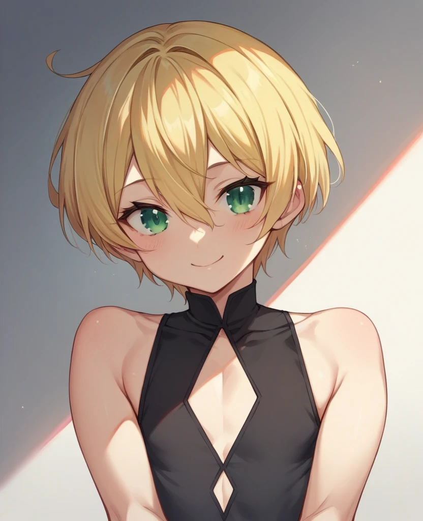 （One girl）、((short hair))、((Blonde))、（Sato Air）、((boyish))、Crossdresser、cute、((flat chest))、green eyes、plump、Wizard、black robe、Black sleeveless、((hairs between eyes))、light smile
