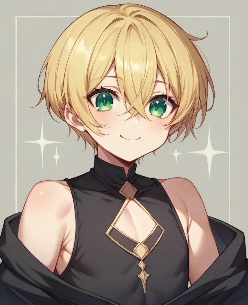 (One girl)、((short hair))、((Blonde))、(Sato Air)、((boyish))、Crossdresser、cute、((flat chest))、green eyes、plump、Wizard、black robe、Black sleeveless、((hairs between eyes))、light smile