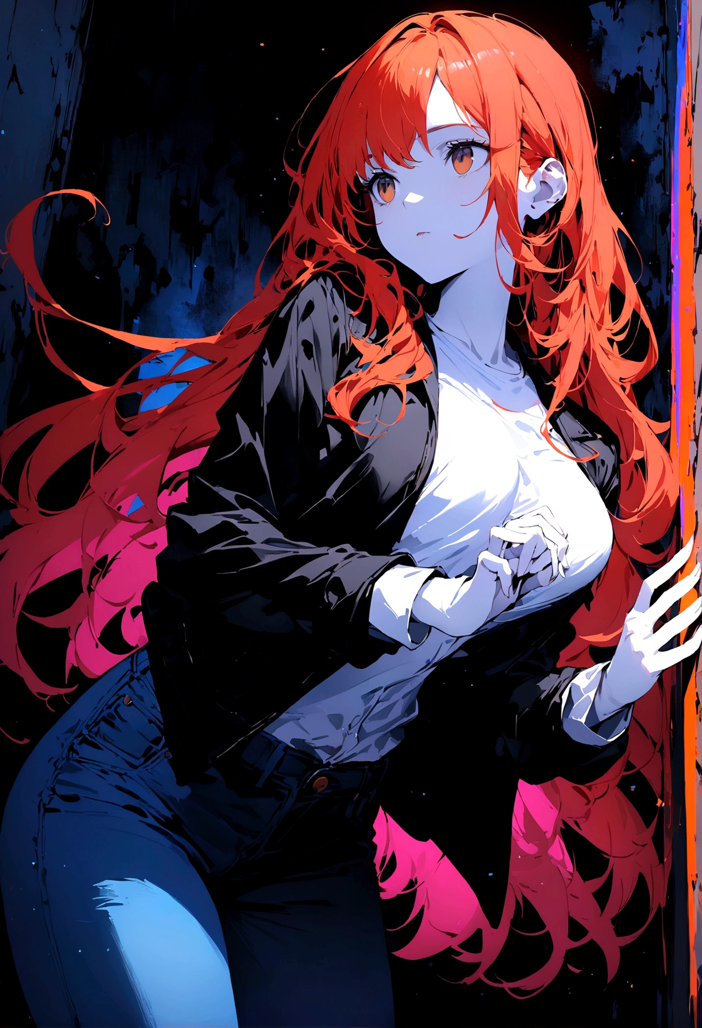 (masterpiece), (best quality), super fine illustrations, high detail, high contrast, long hair, medium breasts size, redhead, brown eyes, looking at another, (pale skin), black jacket, white shirt, jeans, make hands close, ((only five fingers), colorful color,