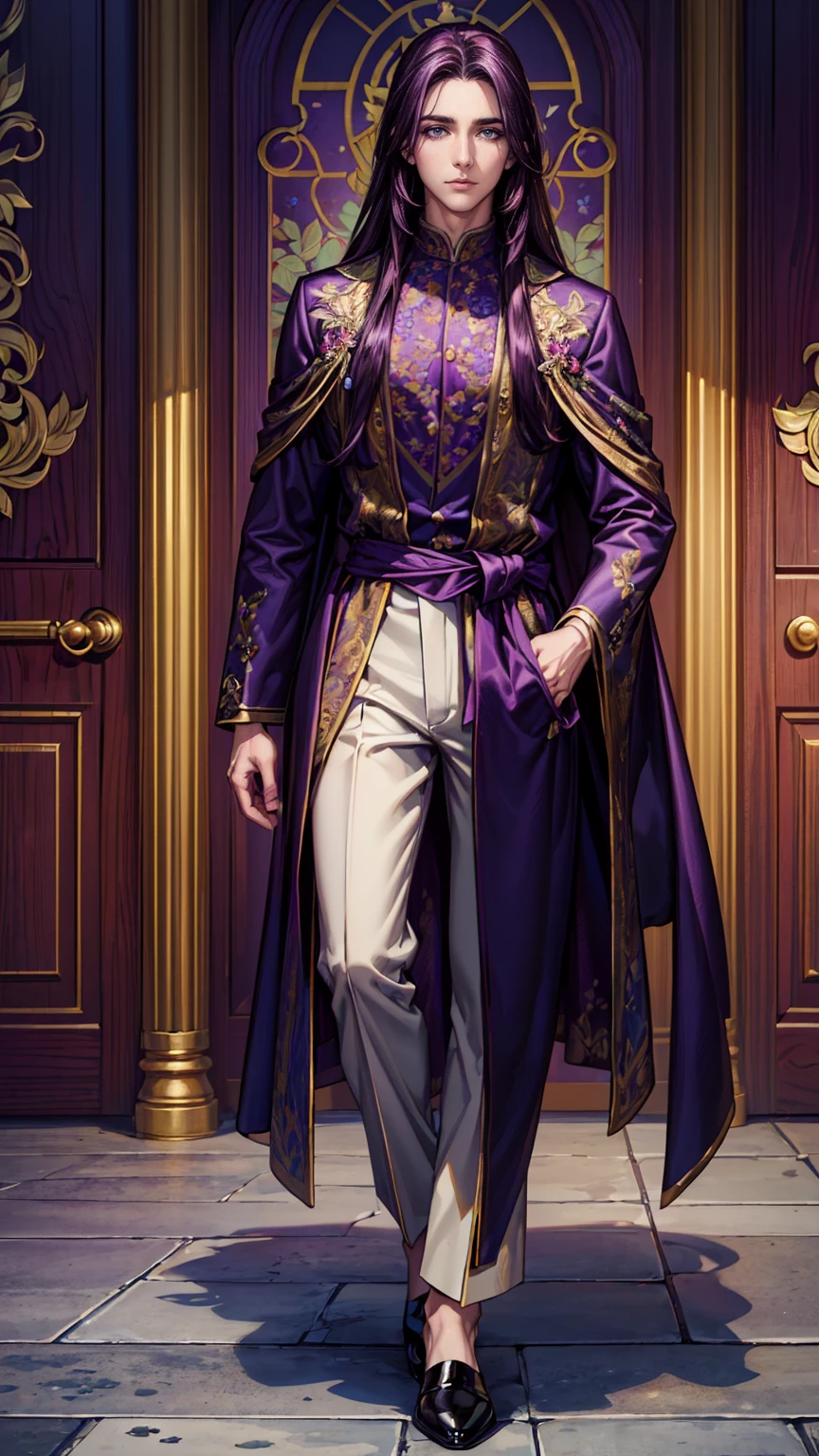 (masterpiece, Best quality, A high resolution, ultra detailed), (beautiful and aesthetically pleasing:1.2), detailed eyes and face, whole body, 1 man, adult, (dark purple long hair), (Dark purple eyes), male body, Beautiful body, Perfect body, whole body, luxury floral suit, shoes,  be a bridesmaid