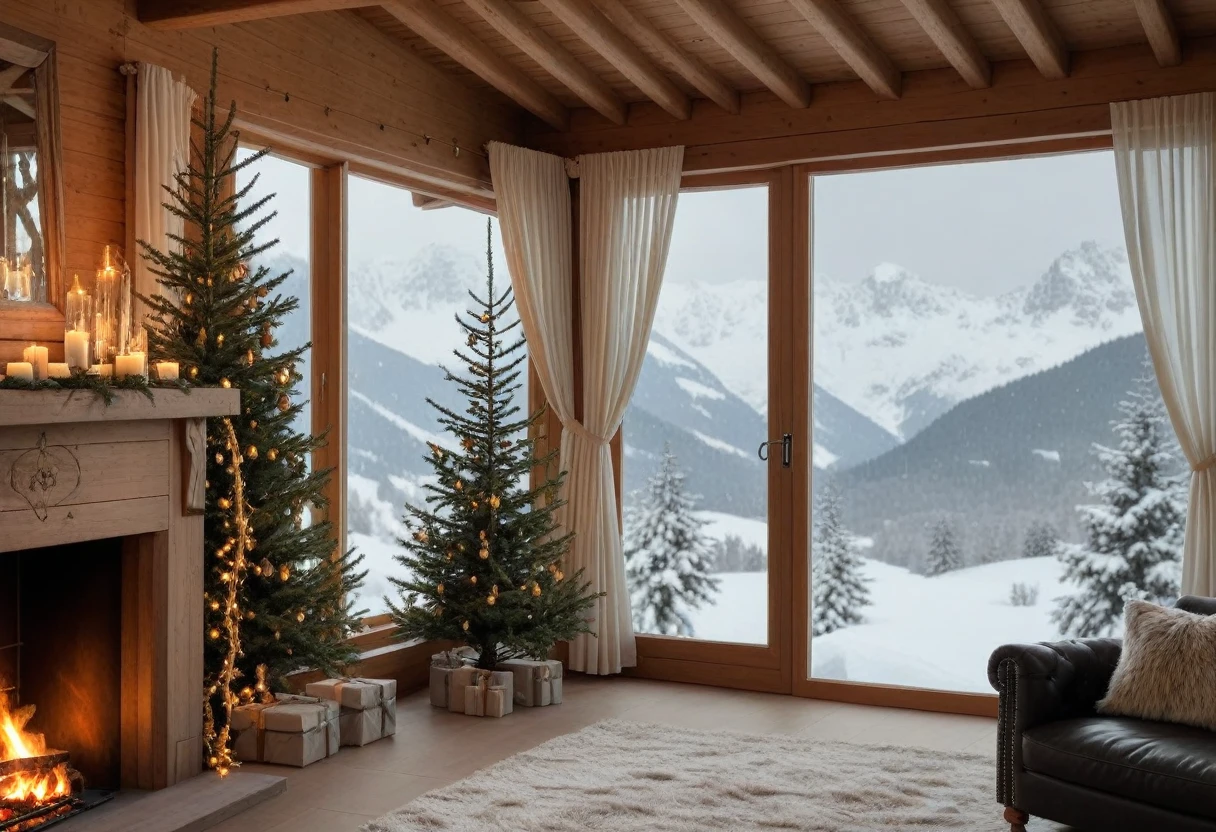 Christmas, Christmas tree in the room of a luxury Chalet, with a window and a view of the snowy landscapes, delicate curtains, luxury fireplace, Christmas tree garlands glow on the walls.