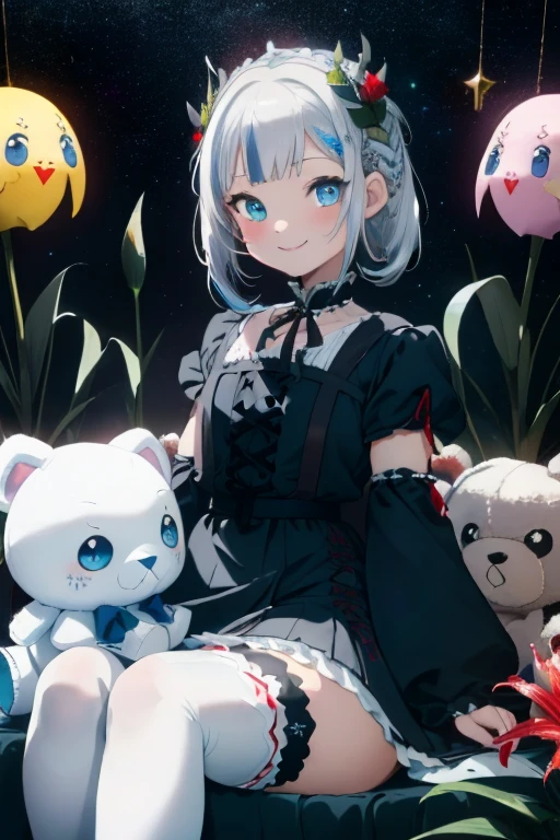 Gura,((Braided shorthair)),((With blue eyes)),Slight red tide,(gothic style costume:1.25),(Head dress:1.2),((white thighhighs leggins))((Scattered with lily flowers and stuffed animals)),(The entire space turns white, Black, Green, and yellow.),(Big eyes:1.5),(your eyes are shining like stars:1.2),(Cute way to sit),(sitting like a french doll),(Tilt of the neck:1.25),(elaborate structure),(smiling slightly)