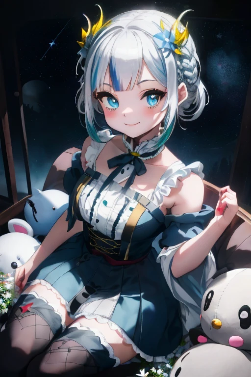 Gura,((Braided shorthair)),((With blue eyes)),Slight red tide,(gothic style costume:1.25),(Head dress:1.2),((white thighhighs leggins))((Scattered with lily flowers and stuffed animals)),(The entire space turns white, Black, Green, and yellow.),(Big eyes:1.5),(your eyes are shining like stars:1.2),(Cute way to sit),(sitting like a french doll),(Tilt of the neck:1.25),(elaborate structure),(smiling slightly)