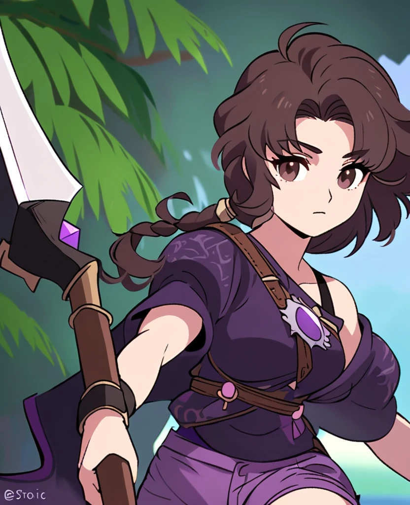 Make me a final fantasy oc. She has long dark brown hair with white bangs Her left eye is brown and her right eye is purple. She wears a purple, white and black outfit with shorts. Her weapon id a giant scythe with a purple crystal stuck into the part where the handle and the blade meet. Stoic and blank expression. In Final Fantasy VI art style. Mature body. 