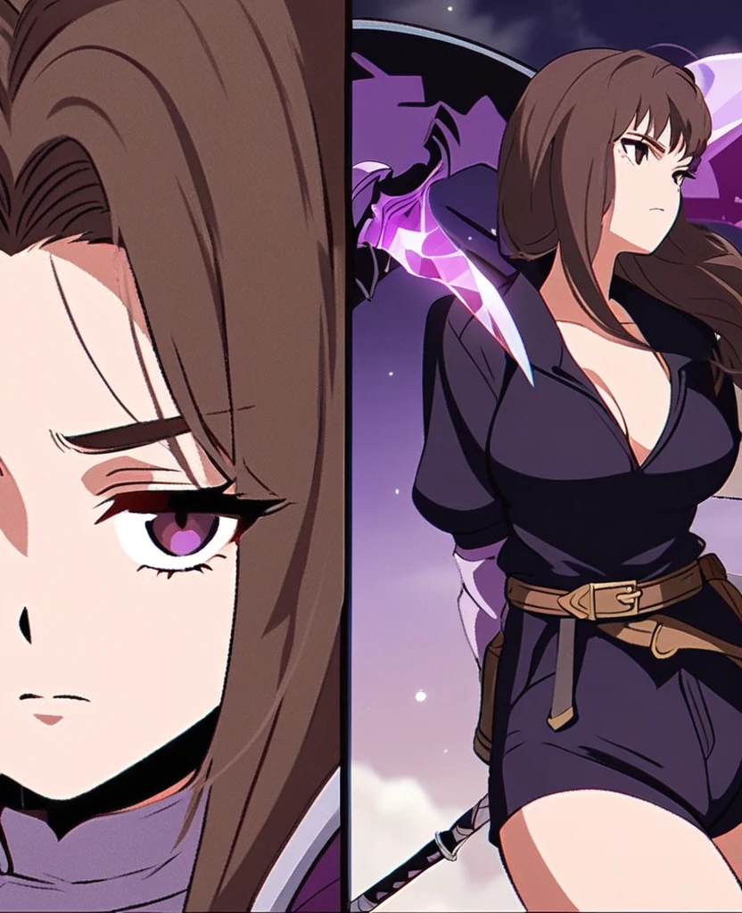 Make me a final fantasy oc. She has long dark brown hair with white bangs Her left eye is brown and her right eye is purple. She wears a purple, white and black outfit with shorts. Her weapon id a giant scythe with a purple crystal stuck into the part where the handle and the blade meet. Stoic and blank expression. In Final Fantasy VI art style. Mature body.