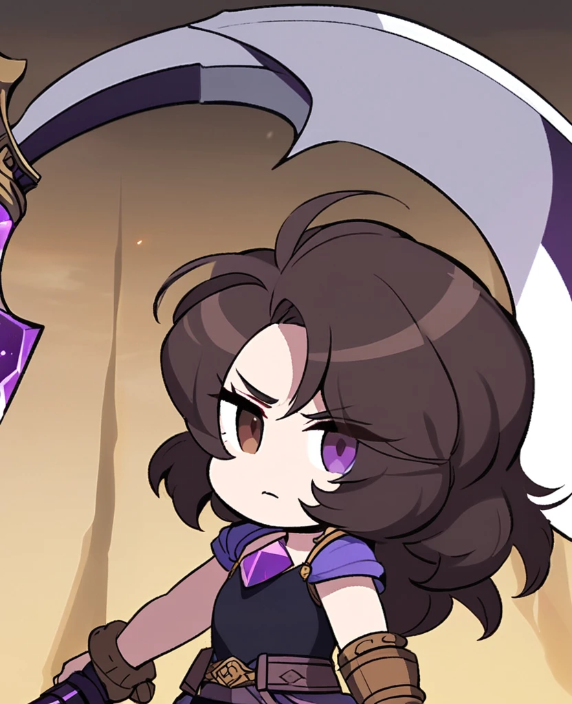 Make me a final fantasy oc. She has long dark brown hair with white bangs Her left eye is brown and her right eye is purple. She wears a purple, white and black outfit with shorts. Her weapon id a giant scythe with a purple crystal stuck into the part where the handle and the blade meet. Stoic and blank expression. In Final Fantasy VI art style. Mature body. 
