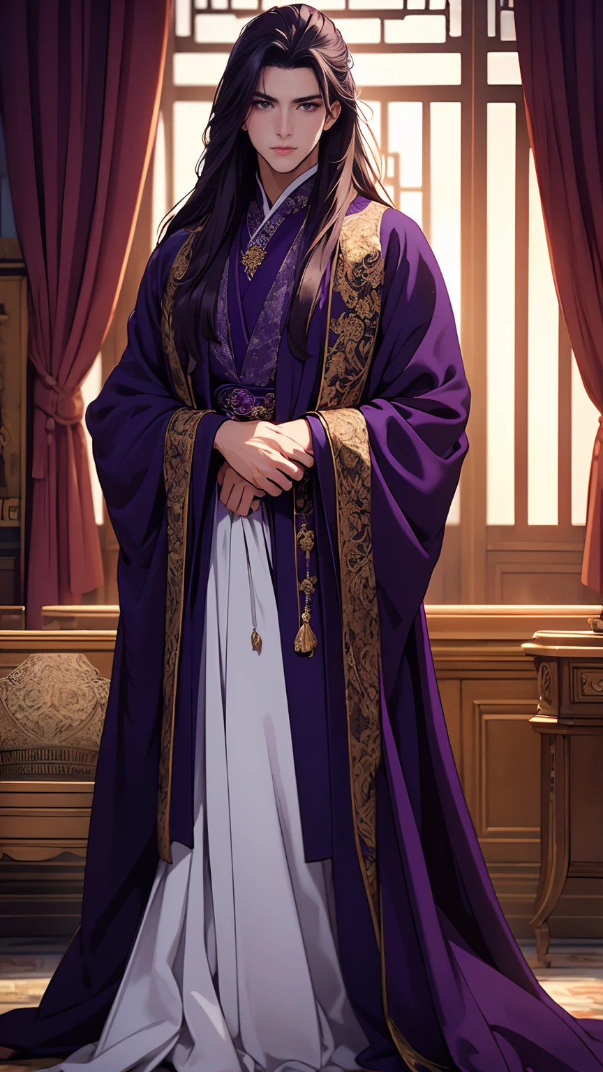 (masterpiece, Best quality, A high resolution, ultra detailed), (beautiful and aesthetically pleasing:1.2), detailed eyes and face, whole body, 1 man, adult, (dark purple long hair), (Dark purple eyes), male body, Beautiful body, Perfect body, whole body, luxury floral suit, shoes,  be a bridesmaid