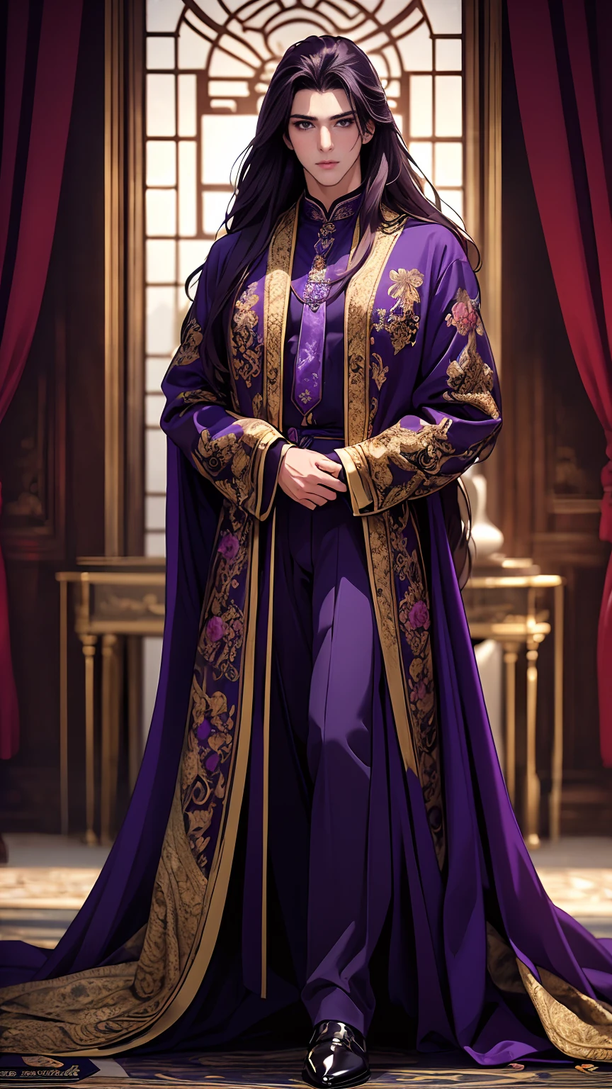 (masterpiece, Best quality, A high resolution, ultra detailed), (beautiful and aesthetically pleasing:1.2), detailed eyes and face, whole body, 1 man, adult, (dark purple long hair), (Dark purple eyes), male body, Beautiful body, Perfect body, whole body, luxury floral suit, shoes,  be a bridesmaid