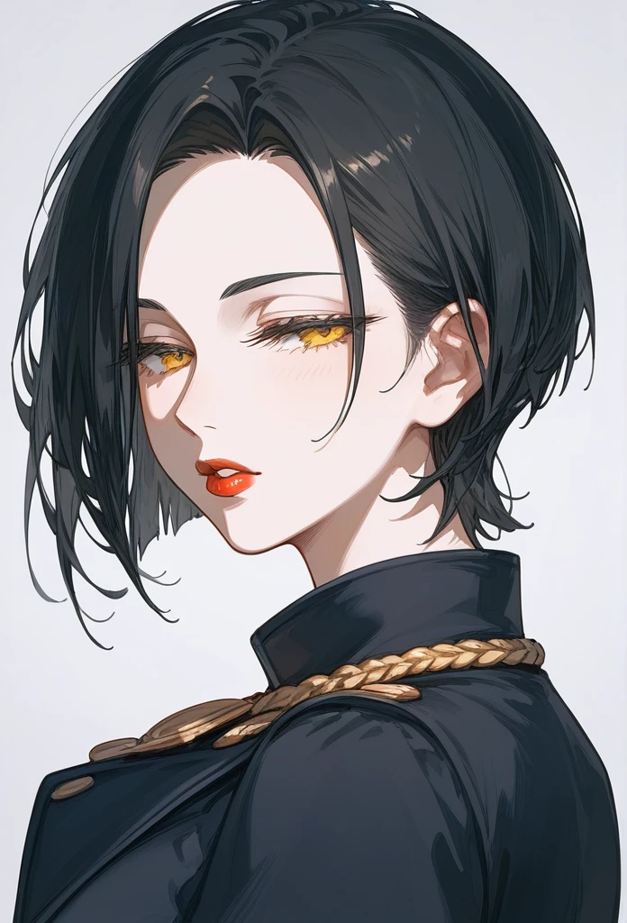 
masterpiece, Score_9, Score_8_up, Score_7_up, rear view, 1 woman, alone, dark black hair, very short hair, long parted bangs, gold and orange eyes, half-closed eyes, parted lips, expressionless, pale skin, large breasts, top body,
 long open bangs, with a mole under the mouth, cut style (boy), No bangs, Red lips 
