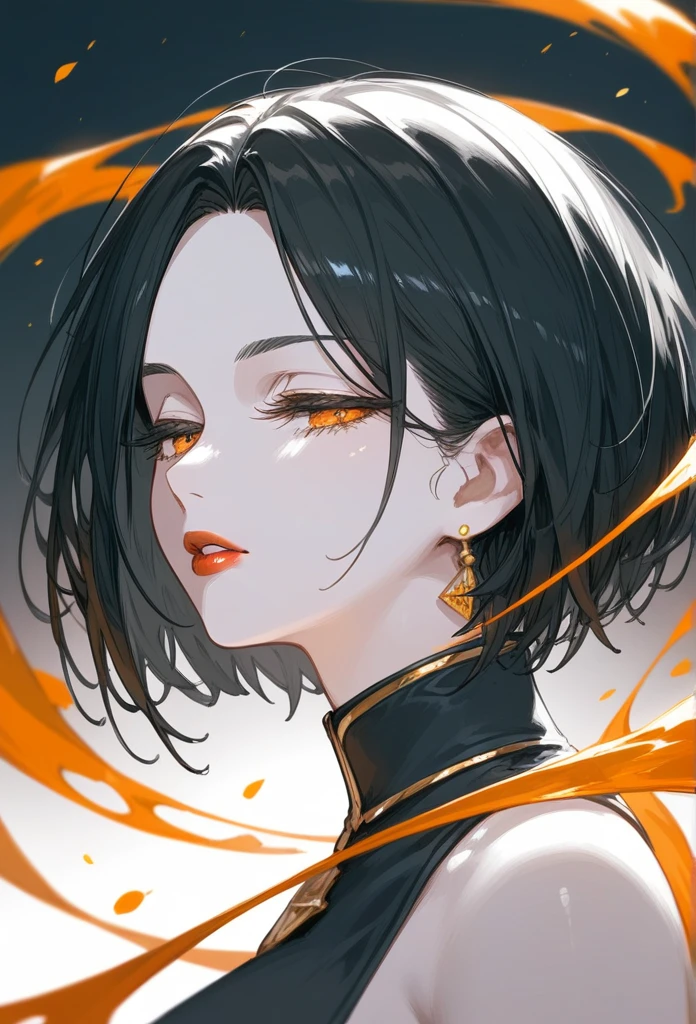 
masterpiece, Score_9, Score_8_up, Score_7_up, rear view, 1 woman, alone, dark black hair, very short hair, long parted bangs, gold and orange eyes, half-closed eyes, parted lips, expressionless, pale skin, large breasts, top body,
 long open bangs, with a mole under the mouth, cut style (boy), No bangs, Red lips 