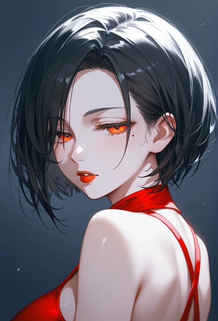 masterpiece, Score_9, Score_8_up, Score_7_up, rear view, 1 woman, alone, dark black hair, very short hair, long parted bangs, gold and orange eyes, half-closed eyes, parted lips, expressionless, pale skin, large breasts, top body,
long open bangs, with a mole under the mouth, cut style (boy), No bangs, Red lips