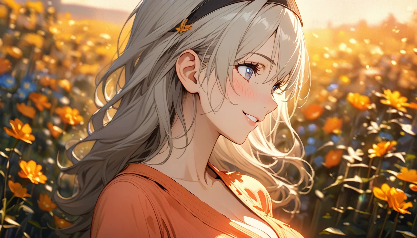 beautiful girl, long grey hair, beautiful face,smiling,close up to hips, beautiful breast, in the middle of flowers field, (open mouth:0.4),illustration,detailed textures(realists),ultra-detailed,portrait style,vivid colors,soft lighting, blushing, mature, hair fluttering, evening light , head band, ((half body)),  cleavage, wearing casual pajamas, perky. ((side profile until hips))