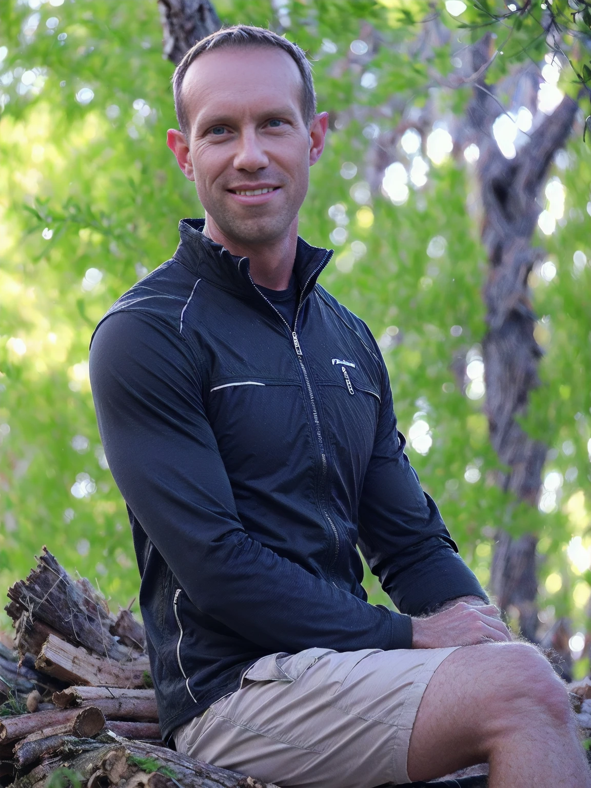 nighttime a man, Todder8, Todder1 short hair, perfect skin, RAW, UHD, 8K, looking to side, sitting on a log camping gear, vacation photography, night forest, stylish jacket, photorealistic, dynamic lighting, dark lighting glow, [serious]