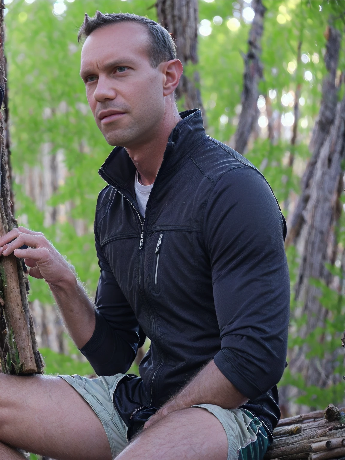 nighttime a man, Todder8, Todder1 short hair, perfect skin, RAW, UHD, 8K, looking to side, sitting on a log camping gear, vacation photography, night forest, stylish jacket, photorealistic, dynamic lighting, dark lighting glow, [serious]