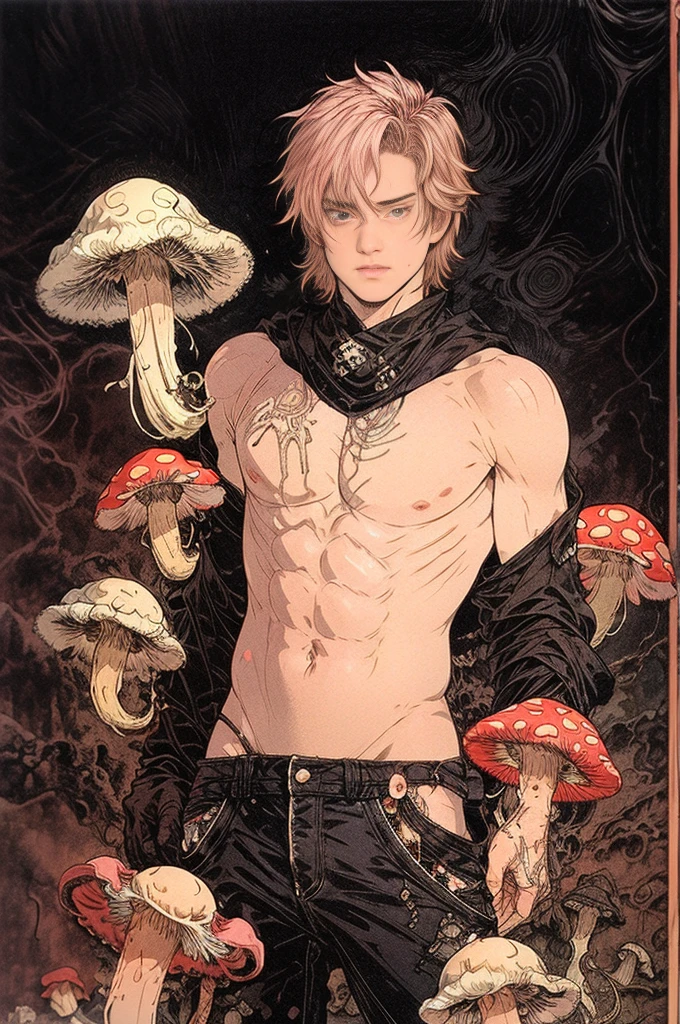 best quality,masterpiece,Ultra-high resolution,1 handsome topless manly man with pink hair wears pants,looking at the audience,Yamamoto Takashi style, (((his body covered by many scary pink mushrooms with pink slime and poisonous powder))),((simple pink background covered with hyphae)),pink_background,handsome Cold-blooded man,tough guy style,tattoo,(((Dramatic pose))), ((ultra-detailed dark style art illustration)),Lots of fluorescent pink mushrooms and mycelium covering the surrounding area