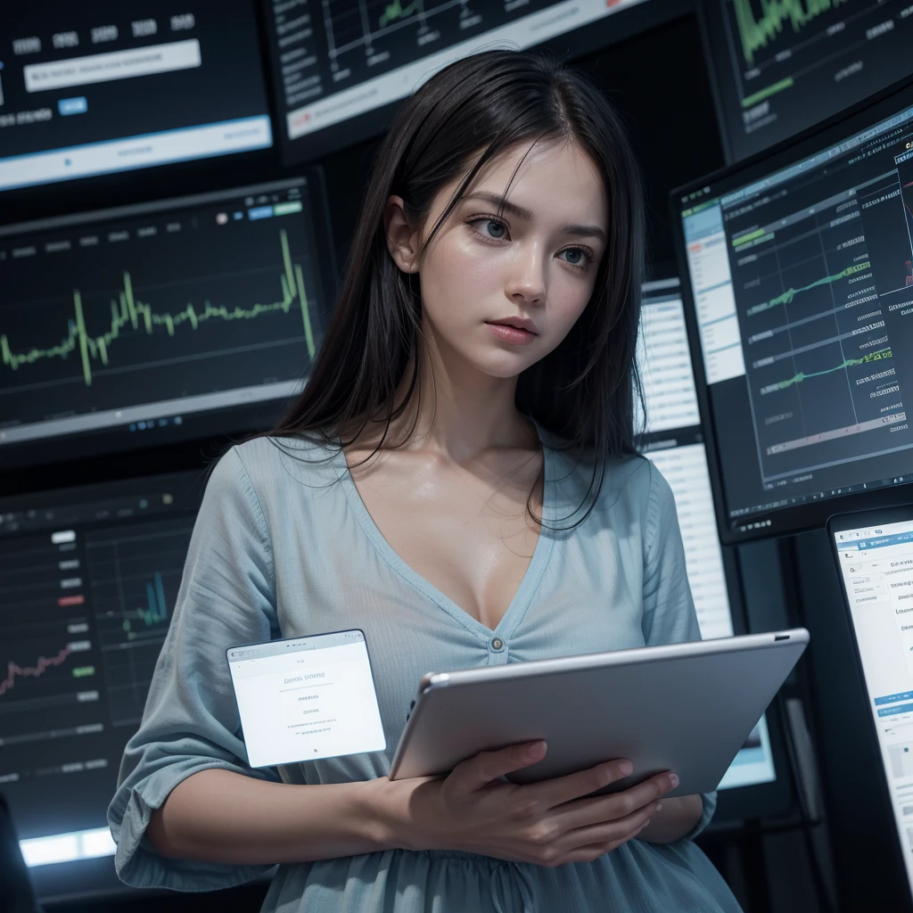 A professional-style image representing the theme of trading. In the center of the image, a candlestick chart showing upward and downward trends, with trend lines and technical indicators. The background is a soft blue, with subtle elements reminiscent of technology and finance, such as numbers and charts in transparency. At the top, the text 'Trading is my Passion' in an elegant and modern font, centered and prominently displayed. Include additional details like a stylized figure of a trader holding a laptop or tablet, looking at the chart with an expression of focus and determination. The image should convey professionalism, passion, and expertise in trading