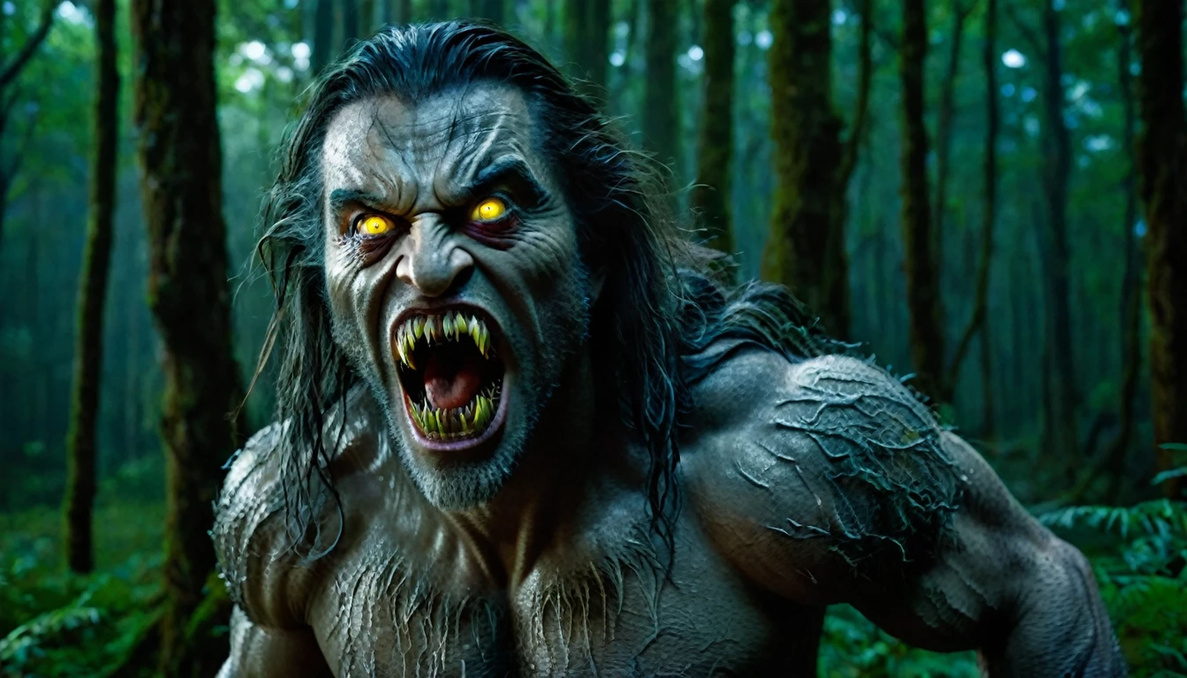 Create a very strong being, with long hair all over his body, more than 250 centimeters tall, with large teeth, exaggerated mouth and yellow eyes, he is standing in a forest in the middle of the night