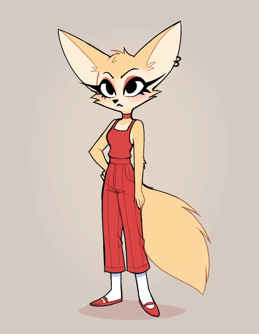 ,stkyswt, zPDXL, score_9, score_8_up, score_7_up, source_anime, BREAK sketch, flat color, 1girl, solo, black eyes, vivziepop, anthro, fennec fox, female Fennec fox, helluva boss, full body, lineart, 