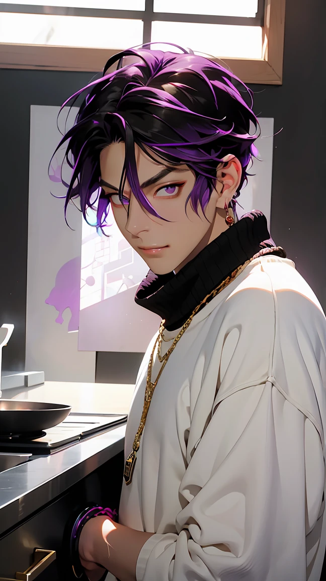 highest quality, 8K, high resolution image, anime style Jujutsu Kaisen, (Iori_suiseki), detailed strokes, bored look , blurred, purple light reflecting from it, (close angle), 1 man, young, male, model, hand in pocket, (cool guy), multicolored Background with various geometric shapes, around stickers, muscular,Black hair, purple eyes, multicolored hair, purple hair, hair between eyes, highlighted hair ,swollen chest, He is wearing a white wool sweater and black sweatpants, black sweatpants and a gold link chain, sweatpants, Background: Room, Kitchen,