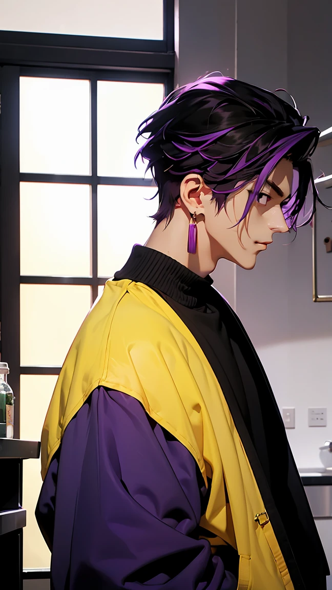 highest quality, 8K, high resolution image, anime style Jujutsu Kaisen, (Iori_suiseki), detailed strokes, bored look , blurred, purple light reflecting from it, (close angle), 1 man, young, male, model, hand in pocket, (cool guy), multicolored Background with various geometric shapes, around stickers, muscular,Black hair, purple eyes, multicolored hair, purple hair, hair between eyes, highlighted hair ,swollen chest, He is wearing a white wool sweater and black sweatpants, black sweatpants and a gold link chain, sweatpants, Background: Room, Kitchen,