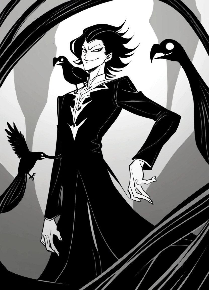 a drawing of a man with a crow on his shoulder, Shinigami, nasty!!, evil smile, the comic book sandman, inspired by Sugimura Jihei, inspired by Ben Templesmith, pose do mal, nasty!!!, bad standing, smirking pose, faceless distorted god, dark and mysterious character, evil villain smile