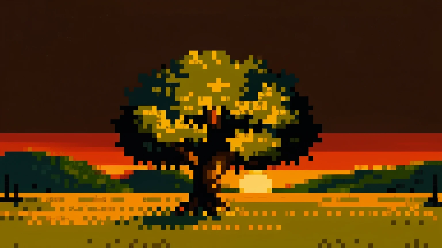(((world tree))), sunset, masterpiece, 40k, one tree, cave exit, pixel, realistic, landscape, background only, wallpaper, able to recreate