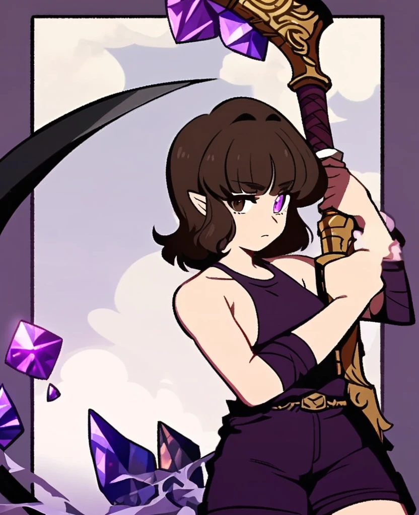 Make me a final fantasy oc. She has long dark brown hair with bangs. Her left eye is brown and her right eye is purple. She wears a purple, white and black outfit with shorts. Her weapon id a giant scythe with a purple crystal stuck into the part where the handle and the blade meet. Stoic and blank expression. In Final Fantasy VI art style. Mature body.