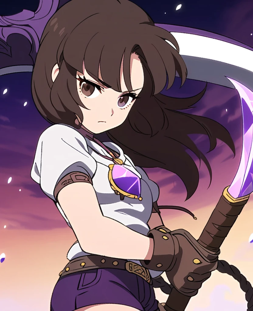 Make me a final fantasy oc. She has long dark brown hair with bangs. Her left eye is brown and her right eye is purple. She wears a purple, white and black outfit with shorts. Her weapon id a giant scythe with a purple crystal stuck into the part where the handle and the blade meet. Stoic and blank expression. In Final Fantasy VI art style. Mature body.
