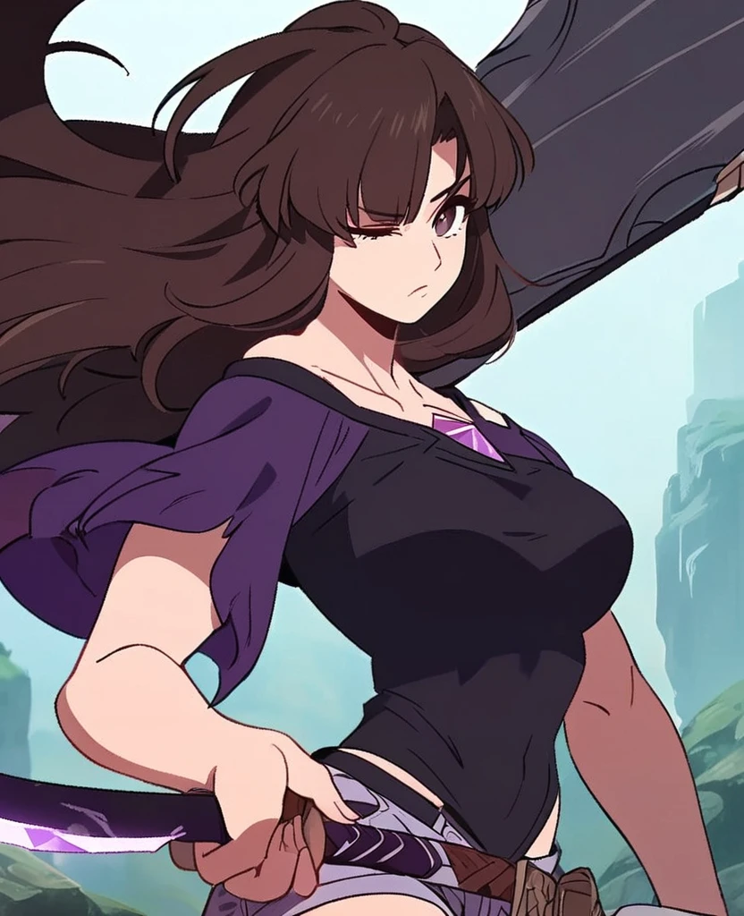 Make me a final fantasy oc. She has long dark brown hair with bangs. Her left eye is brown and her right eye is purple. She wears a purple, white and black outfit with shorts. Her weapon id a giant scythe with a purple crystal stuck into the part where the handle and the blade meet. Stoic and blank expression. In Final Fantasy VI art style. Mature body.