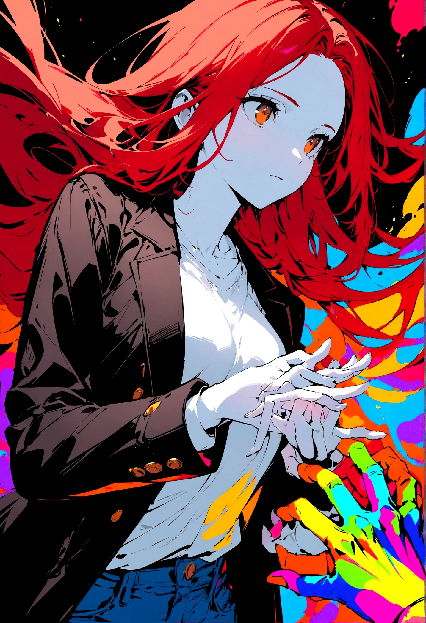 (masterpiece), (best quality), super fine illustrations, high detail, high contrast, long hair, medium breasts size, redhead, brown eyes, looking at another, (pale skin), black jacket, white shirt, jeans, make hands close, ((only five fingers), colorful color,