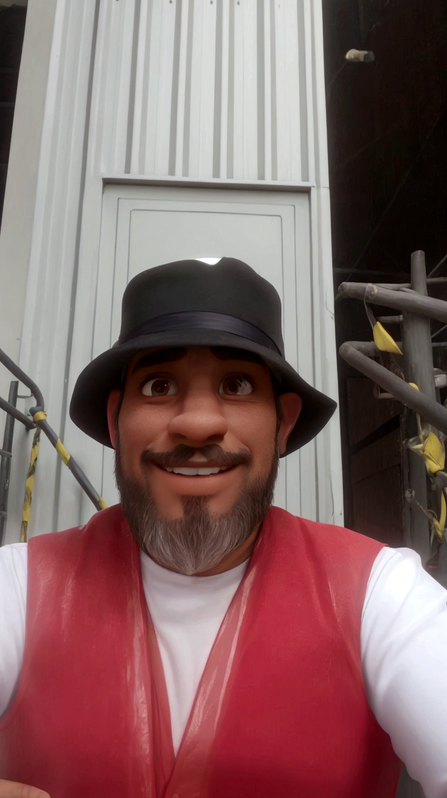 sharpened man wearing a hat and a red vest and a black hat, profile image, profile imageture, very low quality image, 8k foto Selfiegraph, Selfie of a man, profile image, professional profile imageture, david rios ferreira, foto Selfie, about 3 5 years , in an arena pit, smiling lightly, Selfie!!!!! of a man, uploaded