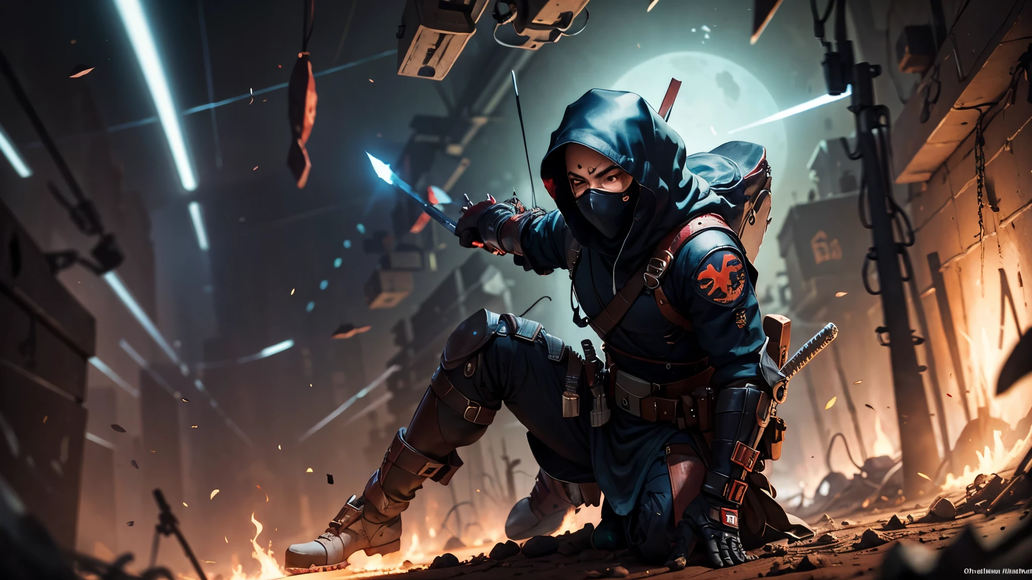 ninja on mars, dark surroundings, with a sword