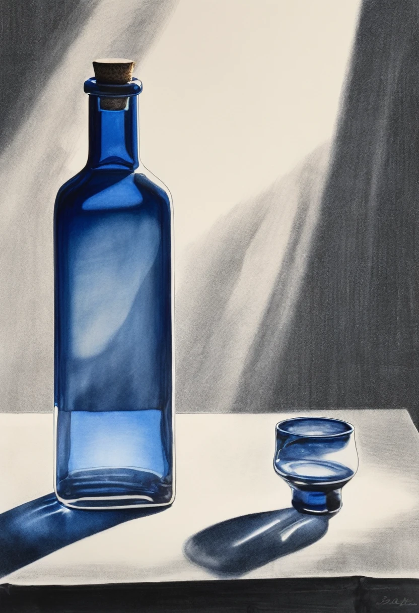 a drawing of light passing through a glass bottle on a table, casting on background, indigo blue, black and white