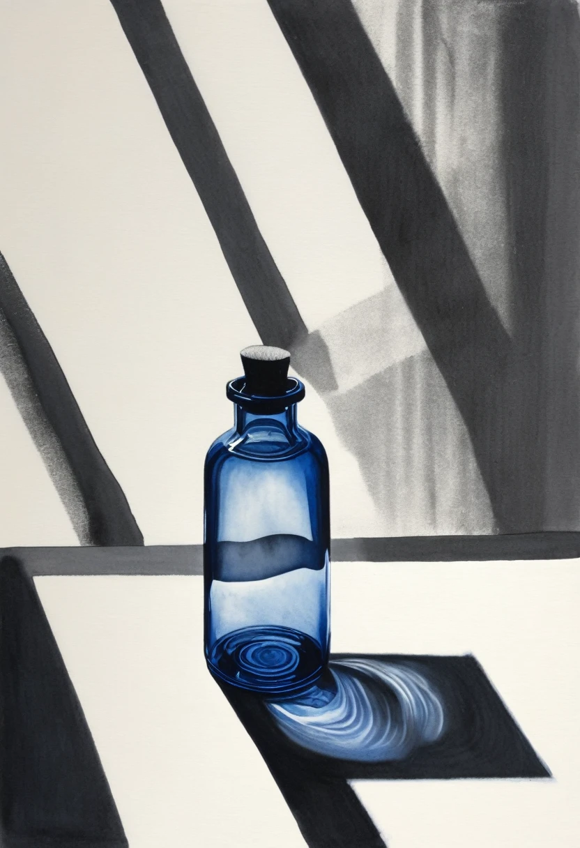 a drawing of light passing through a glass bottle on a table, casting on background, indigo blue, black and white