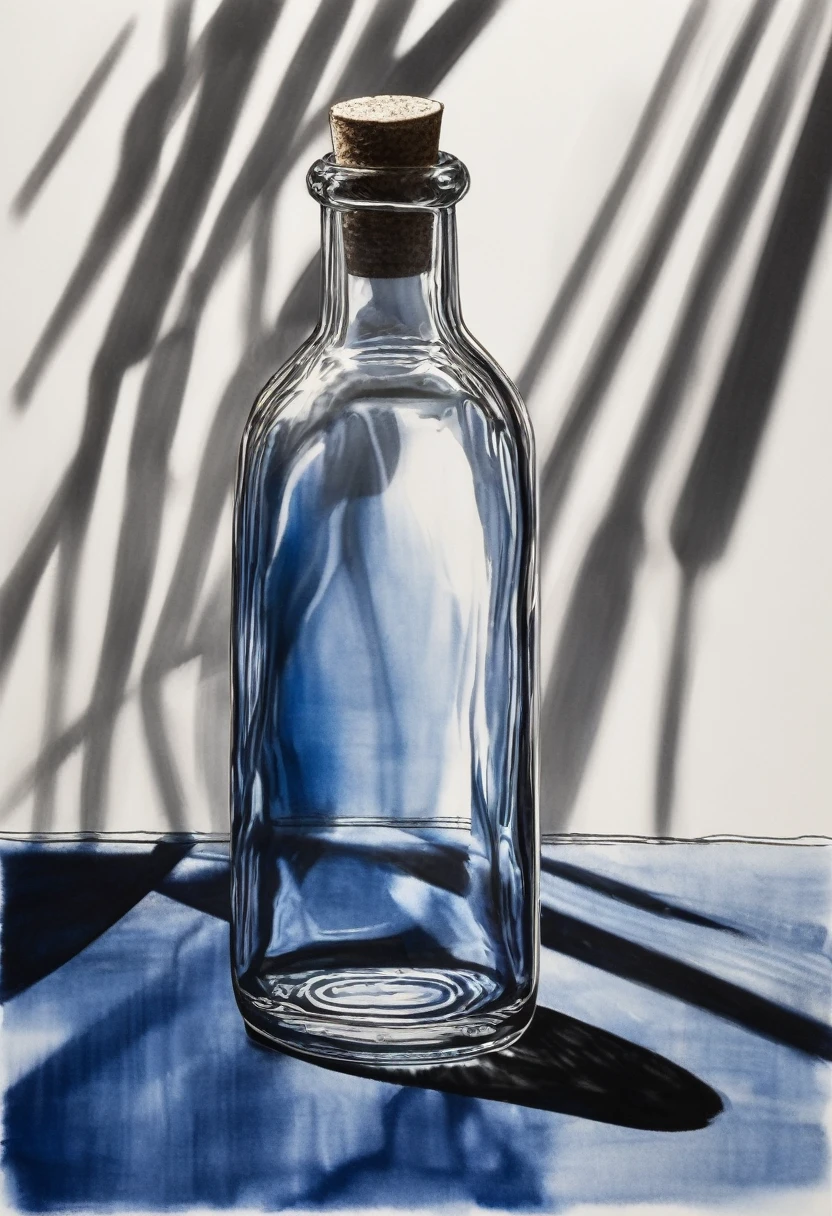 a drawing of light passing through a glass bottle on a table, casting on background, indigo blue, black and white