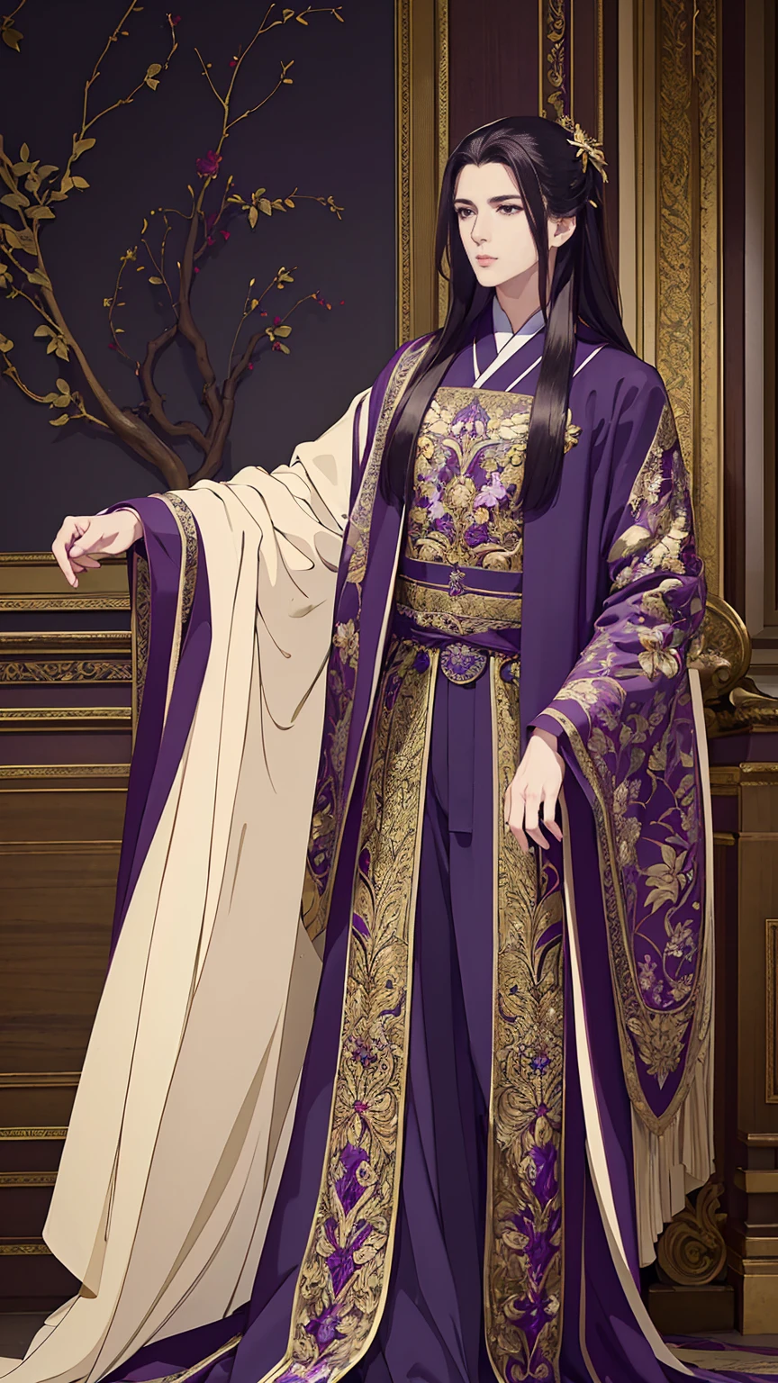 (masterpiece, Best quality, A high resolution, ultra detailed), (beautiful and aesthetically pleasing:1.2), detailed eyes and face, whole body, 1 man, adult, (dark purple long hair), (Dark purple eyes), male body, Beautiful body, Perfect body, whole body, luxury floral suit, shoes,  be a bridesmaid