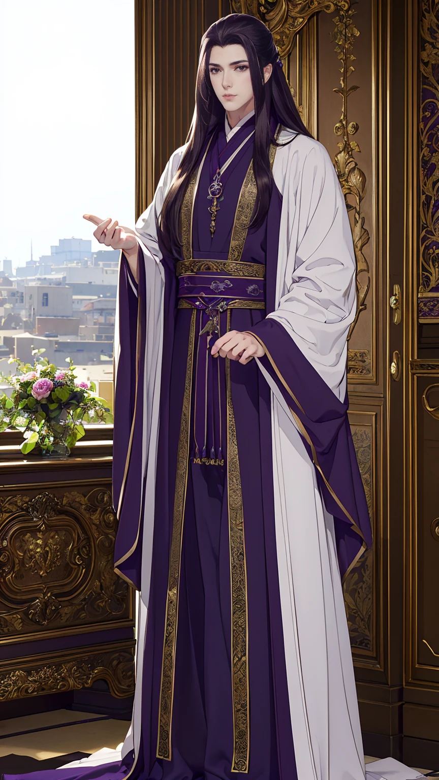 (masterpiece, Best quality, A high resolution, ultra detailed), (beautiful and aesthetically pleasing:1.2), detailed eyes and face, whole body, 1 man, adult, (dark purple long hair), (Dark purple eyes), male body, Beautiful body, Perfect body, whole body, luxury floral suit, shoes,  be a bridesmaid