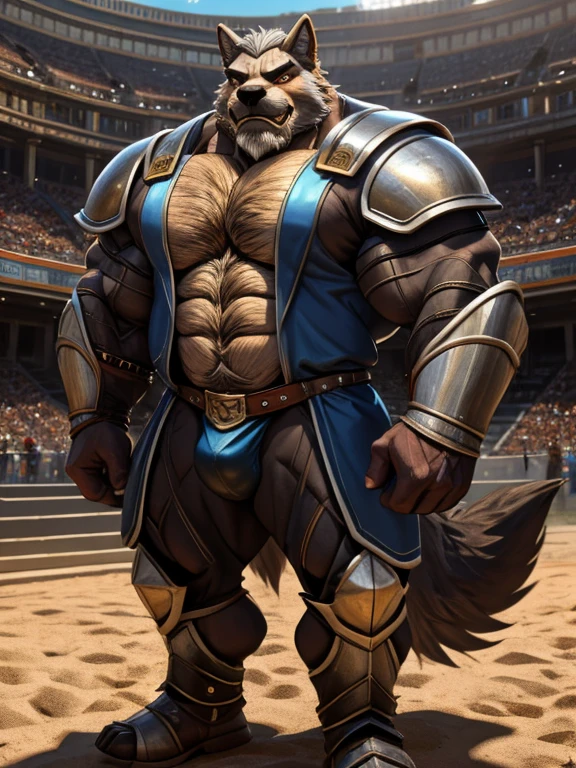 burly virile hairy man, with two wolf ears and a bushy tail, in a suit of armor, middle-aged, hirsute, overmuscular and musclebound, bulging veiny muscles, a warrior's build, a bodybuilder's physique, long bushy and a thick mustache, a square jaw, handsome and dreamy, grey hair, a gladiator in the arena