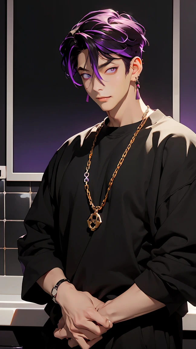highest quality, 8K, high resolution image, anime style Jujutsu Kaisen, (Iori_suiseki), detailed strokes, bored look , blurred, purple light reflecting from it, (close angle), 1 man, young, male, model, hand in pocket, cool guy, multicolored Background with various geometric shapes, around stickers, muscular,Black hair, purple eyes, multicolored hair, purple hair, hair between eyes, highlighted hair ,swollen chest, He is wearing a white wool sweater and black sweatpants, black sweatpants and a gold link chain, sweatpants, Background: Room, Kitchen,