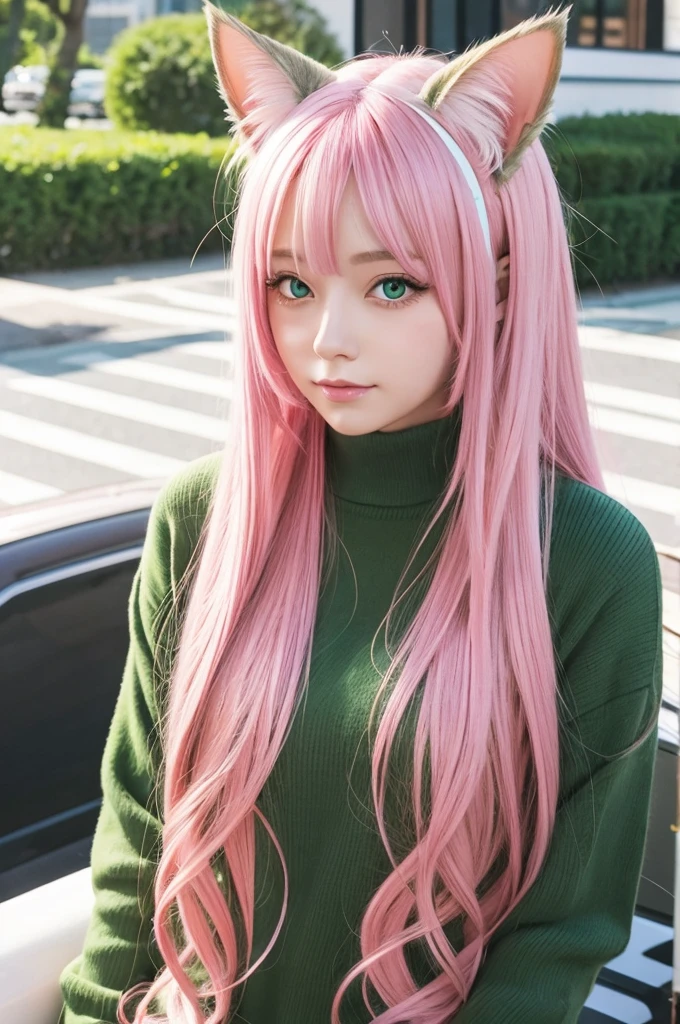 pink hair, long hair, green eyes, cat ears, paizuri,