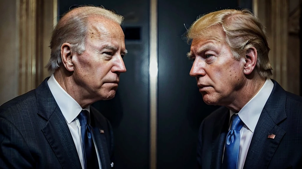 Joe Biden and Donald Trump next to each other, looking at each other with angry looks
