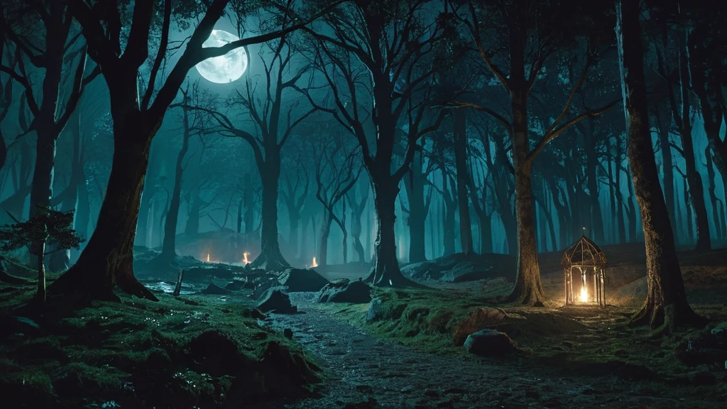 dark fantasy medieval forest at night