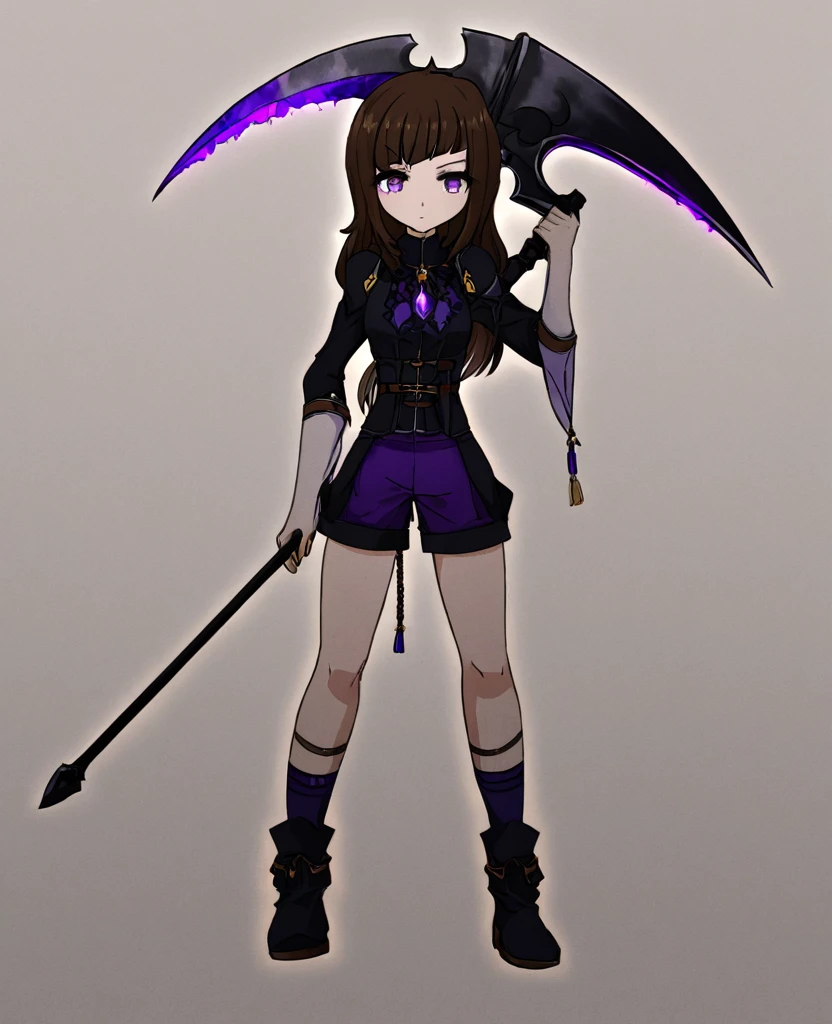 Make me a final fantasy oc. She has long dark brown hair with bangs. Her left eye is brown and her right eye is purple. She wears a purple, white and black outfit with shorts. Her weapon id a giant scythe with a purple crystal stuck into the part where the handle and the blade meet. Stoic and blank expression. In Final Fantasy VI art style. Mature body.