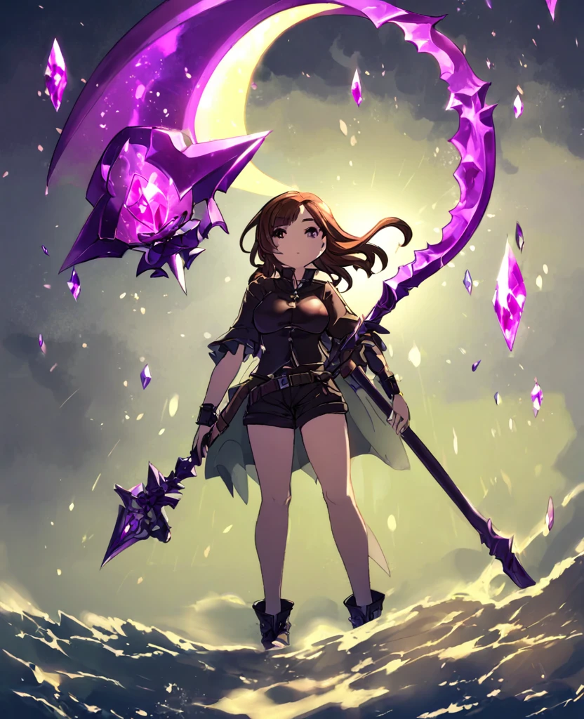 Make me a final fantasy oc. She has long dark brown hair with bangs. Her left eye is brown and her right eye is purple. She wears a purple, white and black outfit with shorts. Her weapon id a giant scythe with a purple crystal stuck into the part where the handle and the blade meet. Stoic and blank expression. In Final Fantasy VI art style. Mature body. 