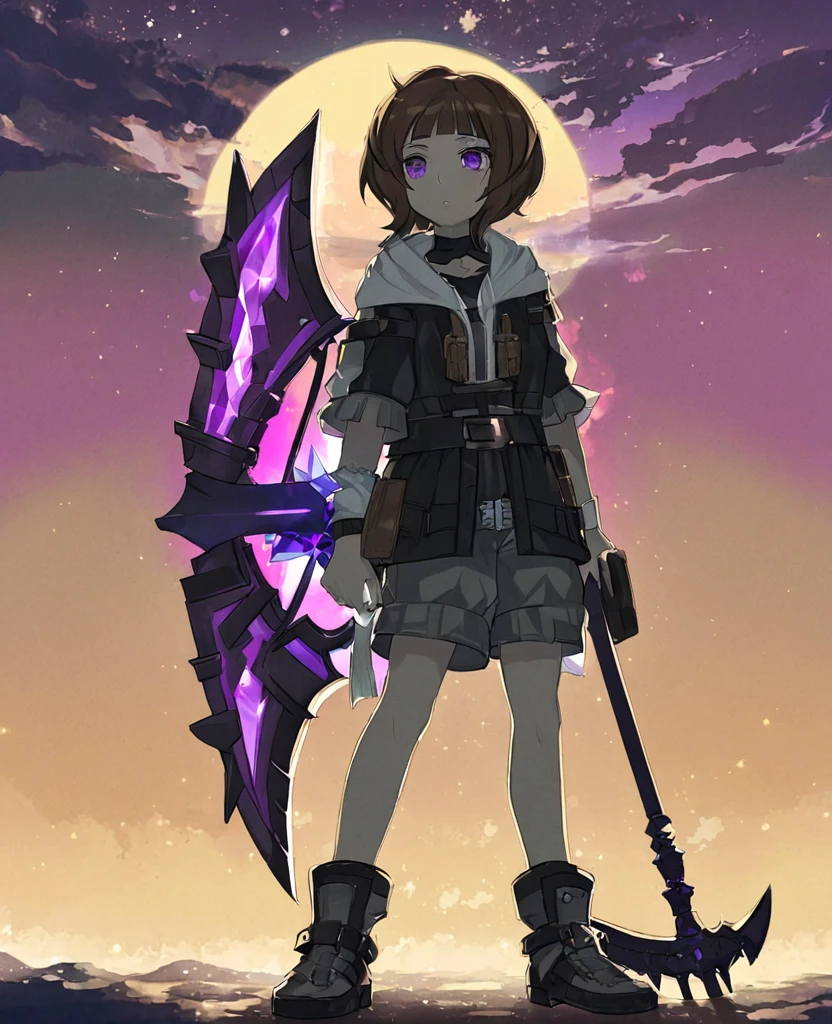 Make me a final fantasy oc. She has long dark brown hair with bangs. Her left eye is brown and her right eye is purple. She wears a purple, white and black outfit with shorts. Her weapon id a giant scythe with a purple crystal stuck into the part where the handle and the blade meet. Stoic and blank expression. In Final Fantasy VI art style. Mature body.