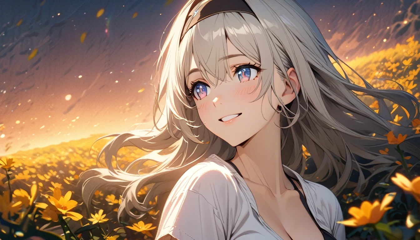 beautiful girl, long grey hair, beautiful face,smiling,close up to hips, beautiful breast, in the middle of flowers field, (open mouth:0.4),illustration,detailed textures(realists),ultra-detailed,portrait style,vivid colors,soft lighting, blushing, mature, hair fluttering, evening light , head band, ((half body)), cleavage, black bra, wearing casual shirt, perky. ((side profile until hips))