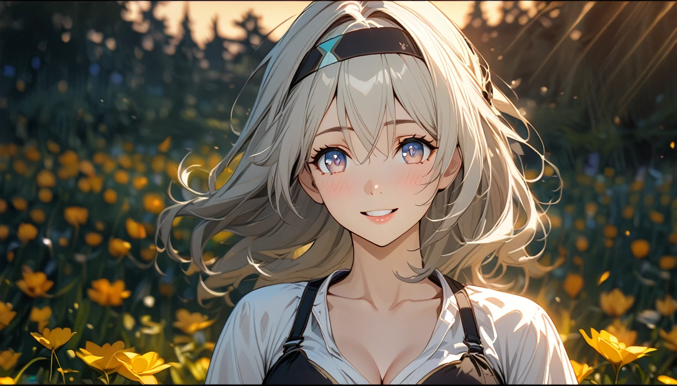 beautiful girl, long grey hair, beautiful face,smiling,close up to hips, beautiful breast, in the middle of flowers field, (open mouth:0.4),illustration,detailed textures(realists),ultra-detailed,portrait style,vivid colors,soft lighting, blushing, mature, hair fluttering, evening light , head band, ((half body)), cleavage, black bra, wearing casual shirt, perky. ((side profile until hips))